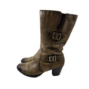 Earth Larch Mid Calf Boot Heel Taupe Leather Side Zip Buckle Detail Womens 9